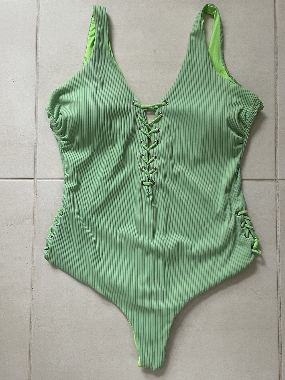Coastal Waves Swim One Piece Swimsuit Ribbed Lace Up Swimwear